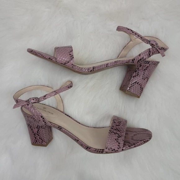 Bandolino Shoes - Bandolino Pink Purple Snakeskin Print Ankle Strap Block Heel Sandal